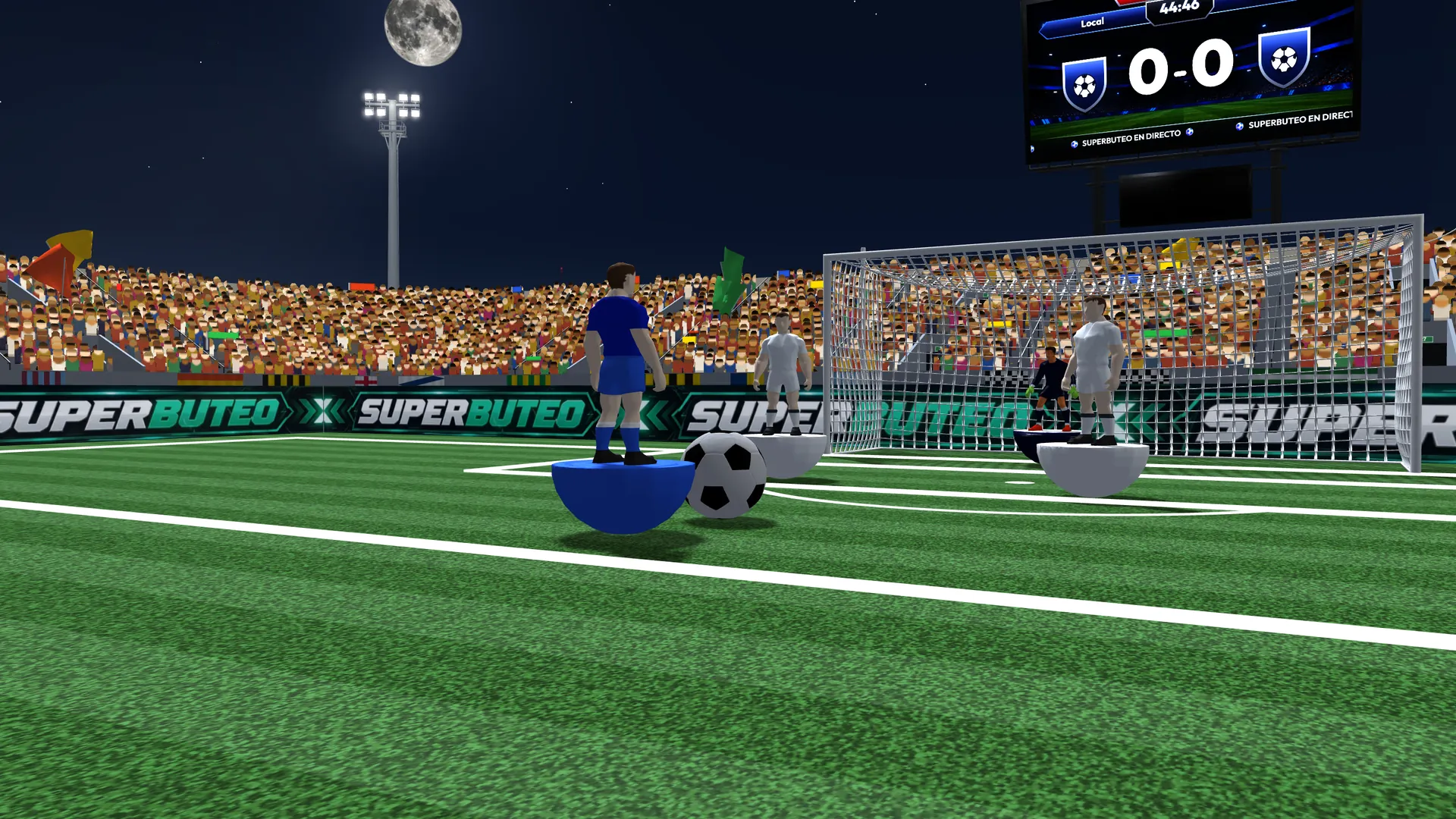 Un partido de Superbuteo en un estadio de noche